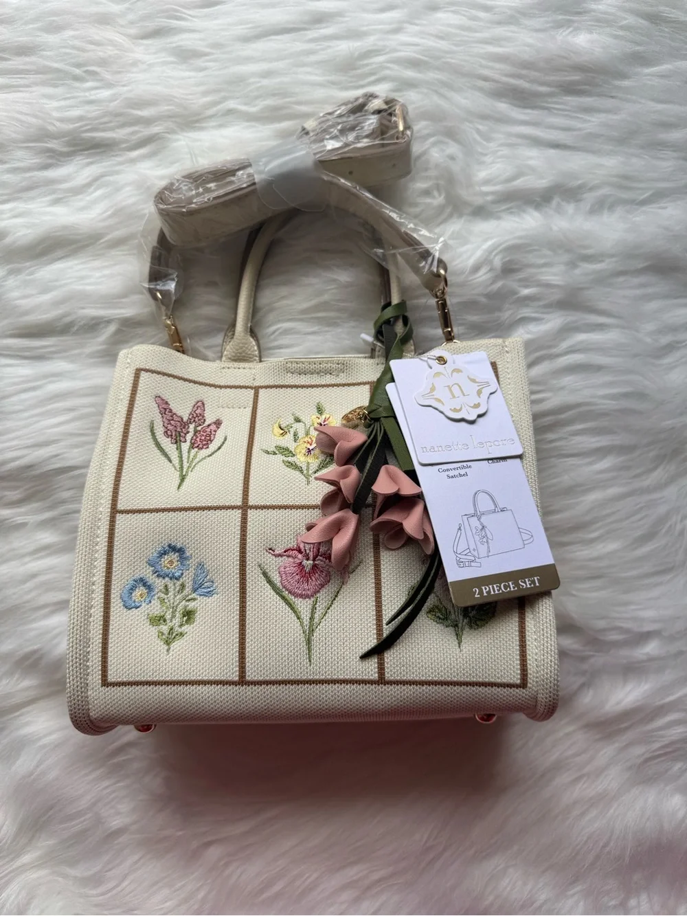 Nanette Lepore Cream Floral Embroidered Satchel with Pink Charm
